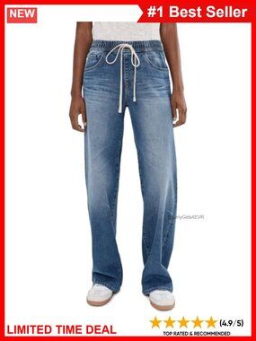Low Rise Wide Leg Jeans Cinched Waist Loose Fit Pull On Denim